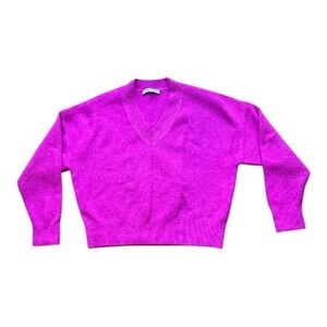 ZARA Bright Pink V Neck Long Sleeve Textured Sweater Medium